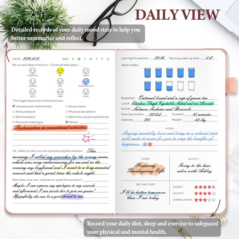 JUBTIC Mood Tracker Journal, Mental Health Journal for Women, 100-Day Self Care & Anxiety Journal with Wellness Tracker and Monthly Reflection, ADHD Planner to Practice Positive Thinking, Rose Gold - Image 3