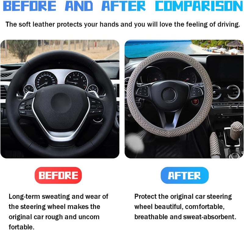 Bittwee 3PCS 15Inch Car Steering Wheel Cover Armrest Cover Gear Shift Cover Set, Microfiber Breathable Anti-Slip Automotive Steering Wheel Protector, Vehicle Interior Decor, Universal Fit（Gray） - Image 3