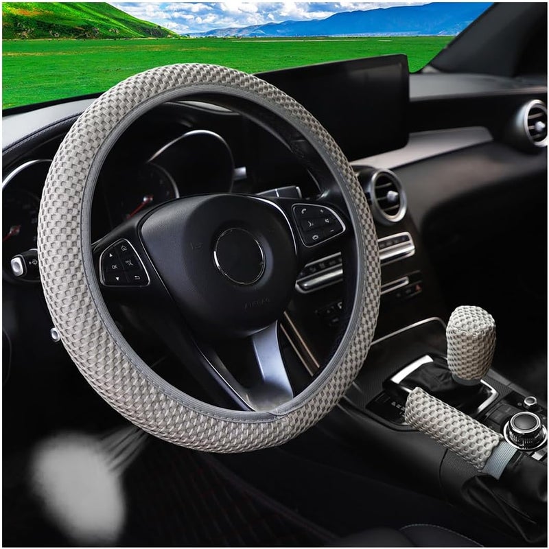Bittwee 3PCS 15Inch Car Steering Wheel Cover Armrest Cover Gear Shift Cover Set, Microfiber Breathable Anti-Slip Automotive Steering Wheel Protector, Vehicle Interior Decor, Universal Fit（Gray） - Image 1