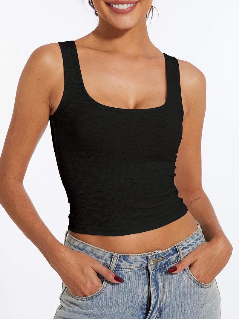 AnotherChill Women's Ribbed Crop Tank Tops Scoop Neck High Back Basic Sleeveless Rib Shirt Summer Athletic Top (Black, X-Small) - Image 4