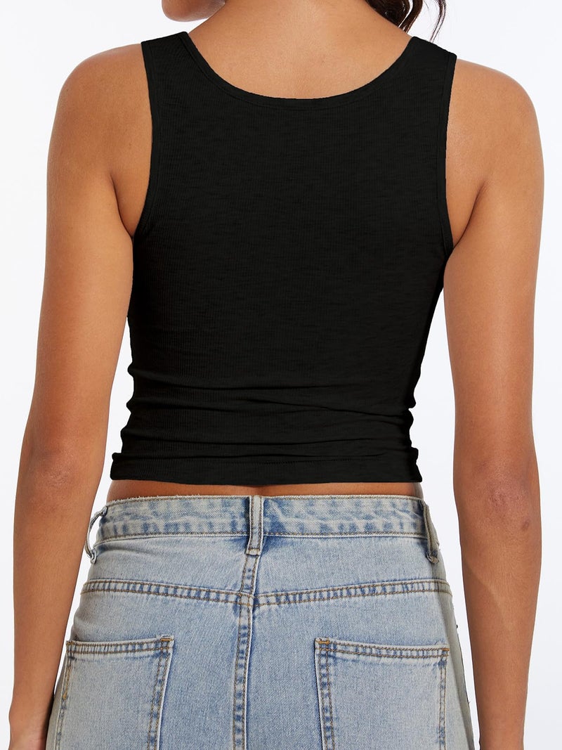 AnotherChill Women's Ribbed Crop Tank Tops Scoop Neck High Back Basic Sleeveless Rib Shirt Summer Athletic Top (Black, X-Small) - Image 2