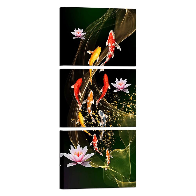 Canvbay 3 Piece Nine Koi Fish Canvas Painting Wall Art Feng Shui Lucky Carp in Lotus Pond Picture Prints Traditional Chinese Painting Poster for Bathroom Spa Room Decor Framed 12x16inchx3pcs