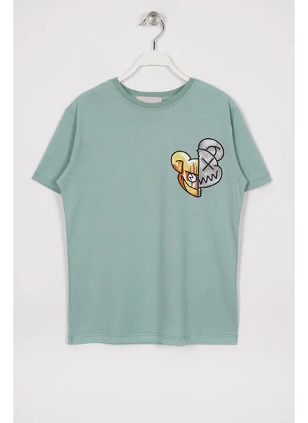 Zepkids Crew Neck Short Sleeve Monster Printed Cagla Green Color Boy T-shirt