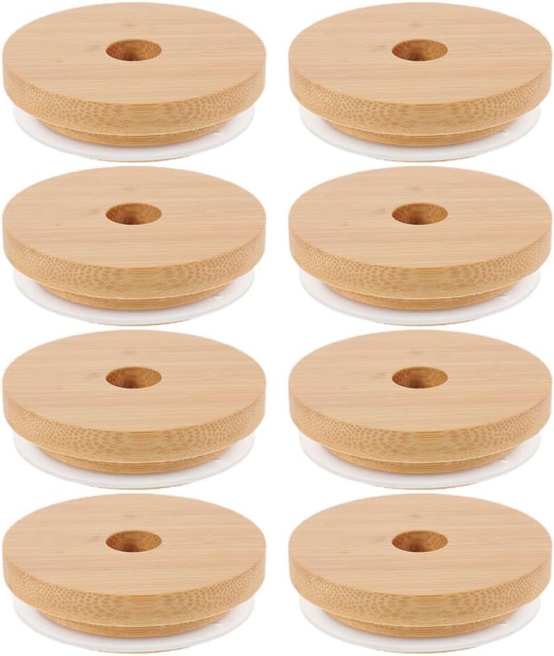 8pcs Mason Jar Lids with Hole, Wood Grain Seal Covers with Silicone Gaskets, Airtight Glass Jar Covers for Household Mugs and Tea Cups, Suitable for Canning and Beverage Storage - Image 1