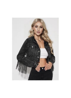 Loquat Squality Leisure Tassels Denim Short Jacket Women Black  - Image 1