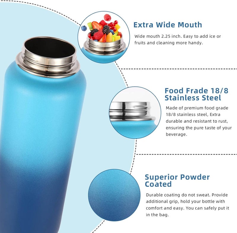 Volhoply 40 oz Insulated Water Bottles Paracord Handle, Stainless Steel Sports Bottle with Spout Lid,Vacuum Metal Travel Water Cups with Wide Mouth,Reusable Water jug for Hiking(Green Blue,1 Set) - Image 3
