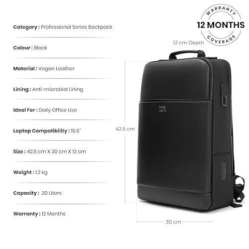 ICON The Professional Laptop Backpack 18L | Premium Vegan Leather Fits 15.6" Laptops | USB Charging Port with Zippers Luggage Sleeve, Water-Resistant & Multipurpose Unisex Bag - Black - Image 5