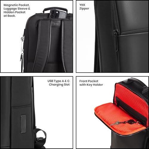 ICON The Professional Laptop Backpack 18L | Premium Vegan Leather Fits 15.6" Laptops | USB Charging Port with Zippers Luggage Sleeve, Water-Resistant & Multipurpose Unisex Bag - Black - Image 3