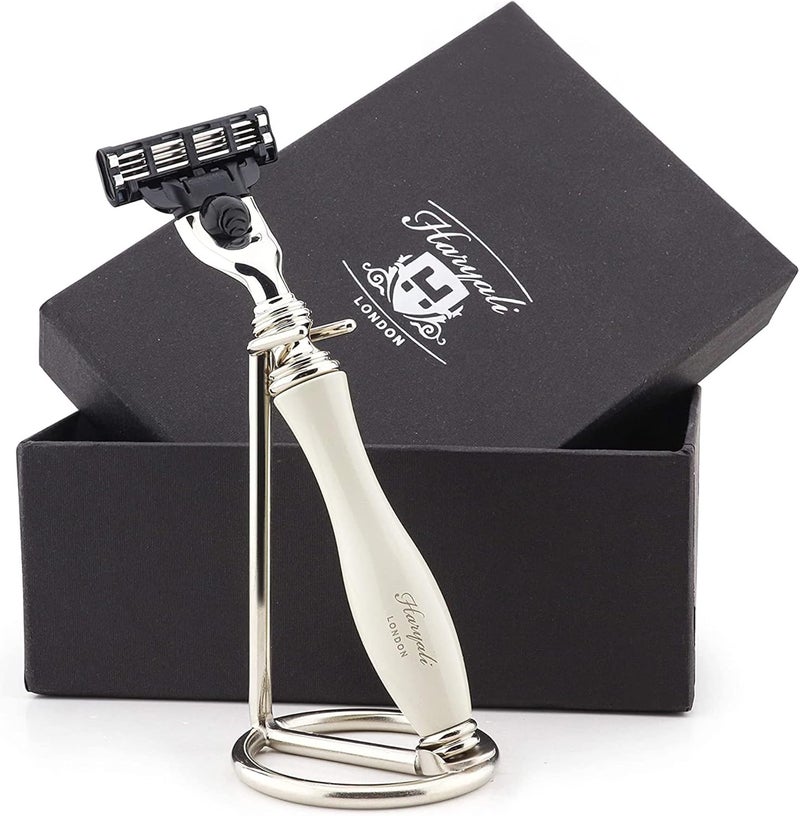 Haryali London Triple Cartridge Head Compatible Razor in Ivory Colour Stainless Steel Stand Mens Shaving Grooming Essentials Gift for Him - Image 1