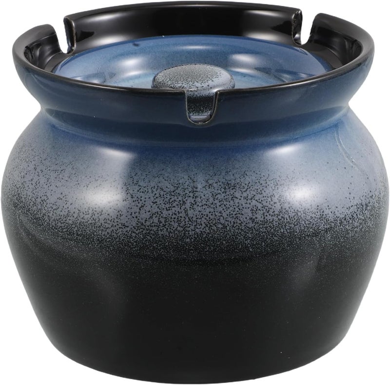Ceramic Ashtray with Lid, Windproof Blue Gradient Decorative Ashtray for Indoor Outdoor Use, Portable Smoking Tray for Home Patio Balcony - Image 1
