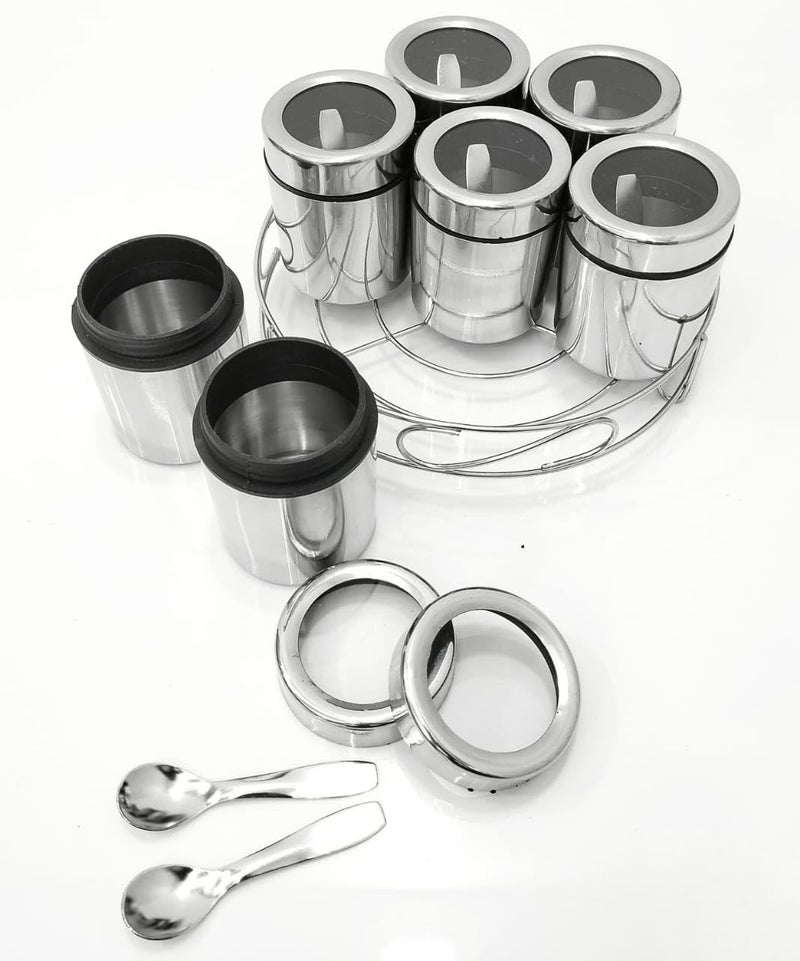 STEEPLE Steel Masala Box For Kitchen Masala Box Spice Box Storage Container Steel Container With Small Spoons Masala Dabba Canister 200 ML Each Container Set Of 7 Silver - Image 1