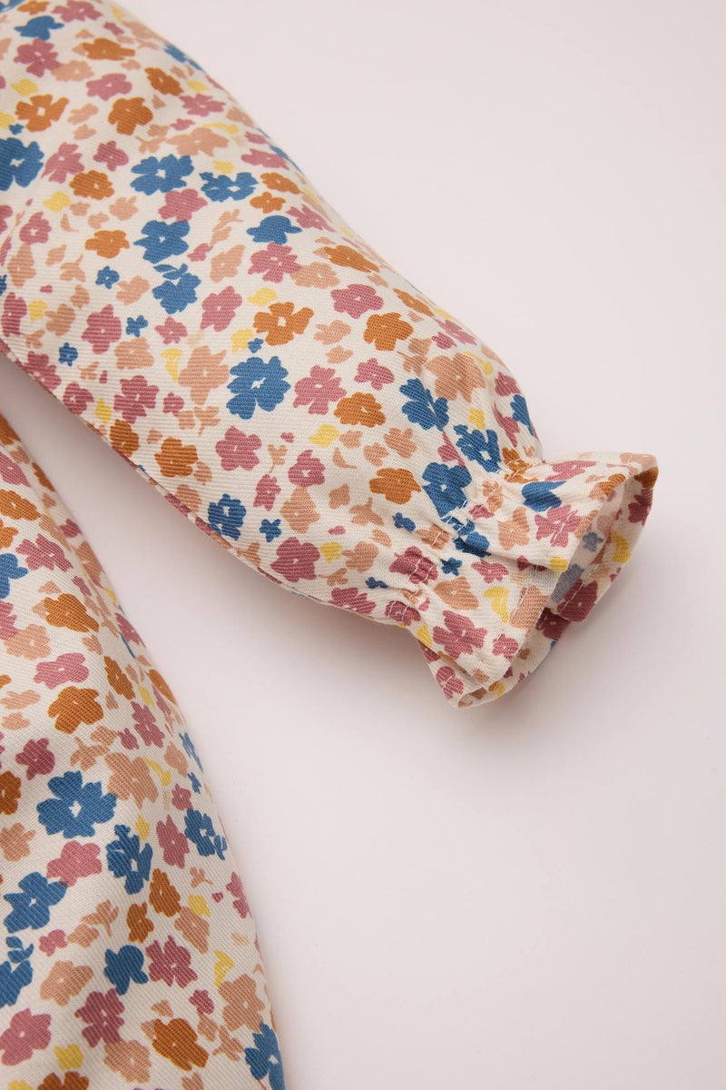 ديفاكتو فستان بيبي بناتي فلورال مكشكش كم طويل بياقة كبيرة - Image 3