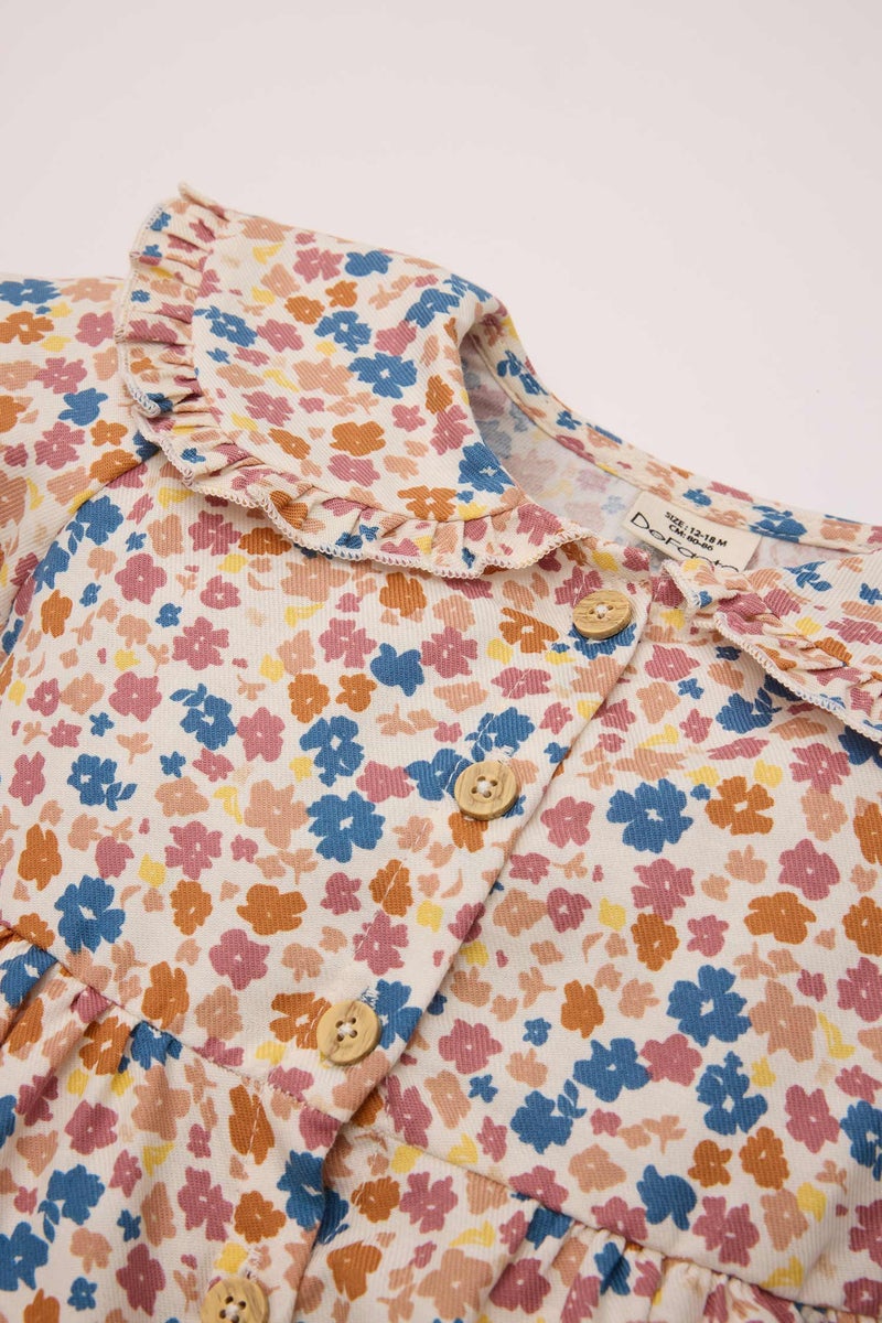 ديفاكتو فستان بيبي بناتي فلورال مكشكش كم طويل بياقة كبيرة - Image 2