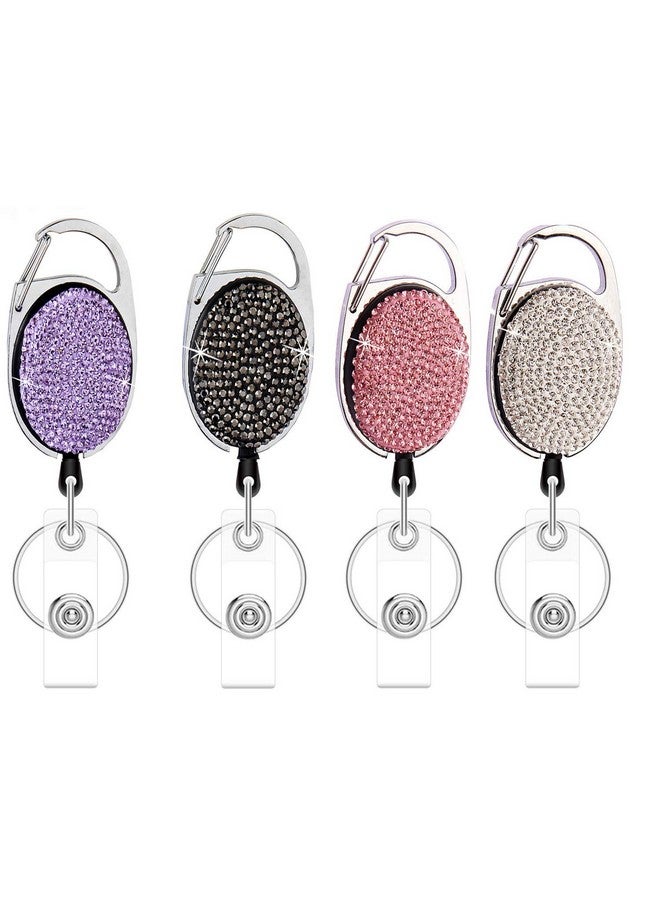 WedFeir Retractable Badge Holders With Bling Rhinestones Crystal Badge Reel With Belt Clip And Key Ring 24 Inches Thick Kevlar Pull Cord. (4Pcs Silver Black Pink And Purple) - Image 1