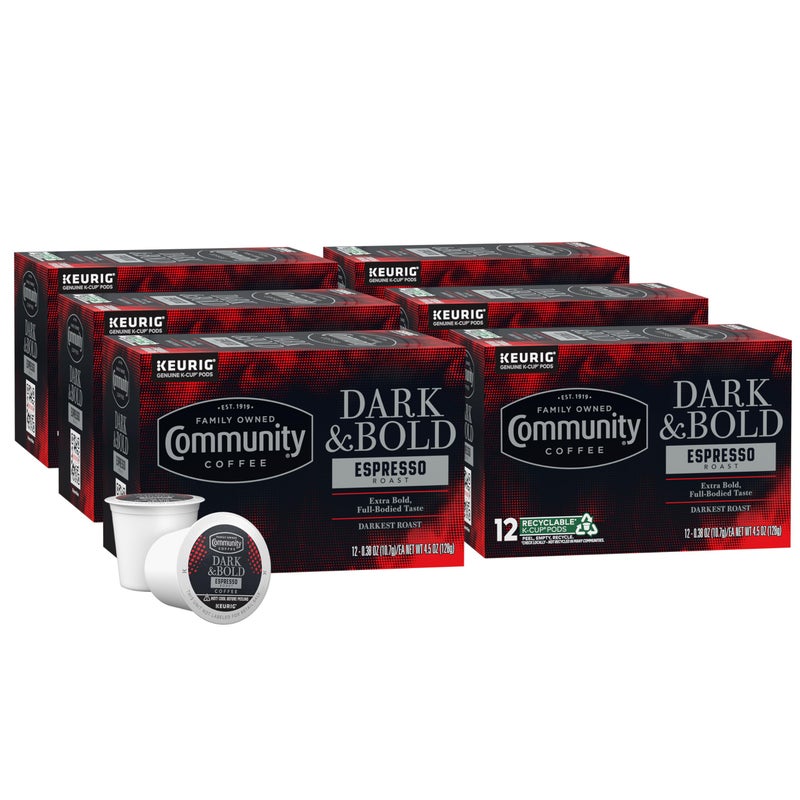 Community Coffee Dark & Bold Espresso Roast Coffee Pods, 72 count, Extra Dark Roast Compatible with Keurig 2.0 K-Cup Brewers, 12 Count (Pack of 6) - Image 1