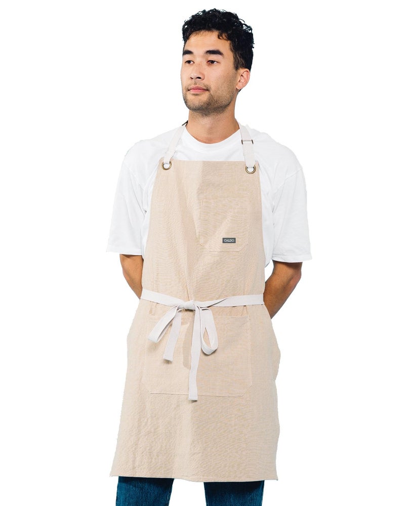 Caldo Linen Kitchen Apron for Cooking Mens and Womens Linen Bib Apron for Professional Chef Server or Barista Adjustable with Pockets Bone