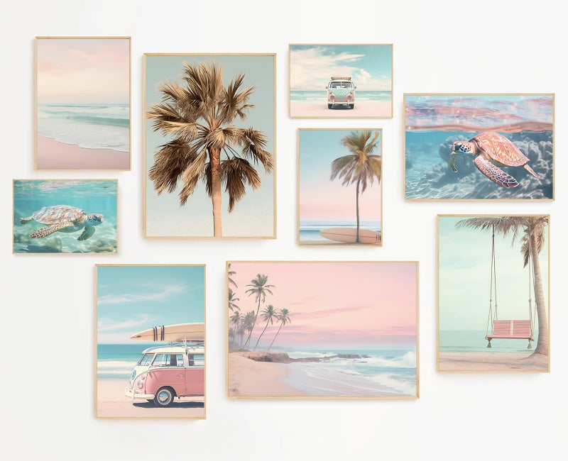 FYSUIMU 9Pcs Coastal Wall Art Prints Fresh Pink Tropical Summer Ocean Art Poster California Beachy Seascape Wall Decor for Gallery Living Room Bedroom (Unframed) - Image 1