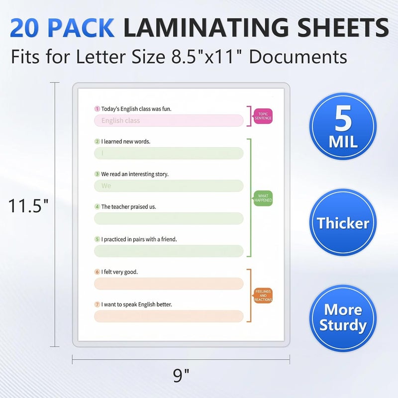 HOUYEE 20 Pack Laminating Sheets, Hold 8.5 x 11 Inches, 5 Mil Thermal Laminating Pouches, 9 x 11.5 Laminate Sheets for Laminator, Ultra Clear, Letter Size, Office and School Supplies - Image 2