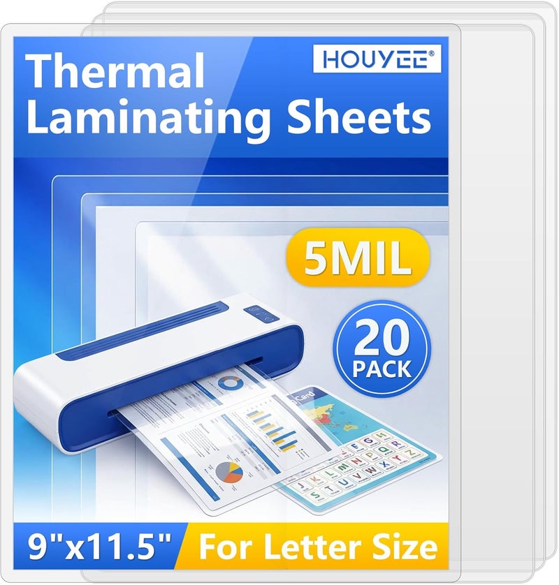 HOUYEE 20 Pack Laminating Sheets, Hold 8.5 x 11 Inches, 5 Mil Thermal Laminating Pouches, 9 x 11.5 Laminate Sheets for Laminator, Ultra Clear, Letter Size, Office and School Supplies - Image 1