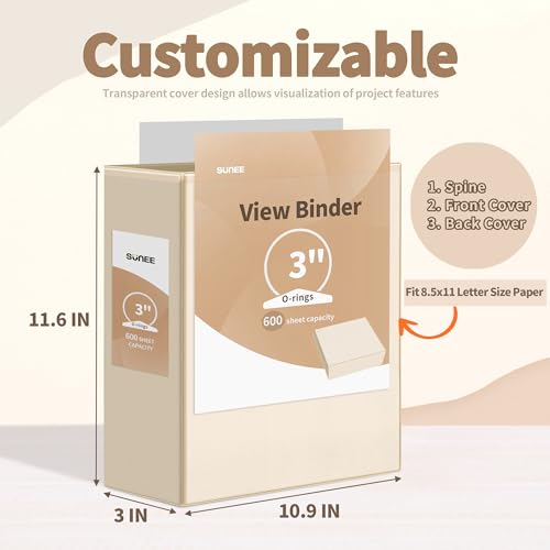 SUNEE 3 Ring Binder 3 Inch 4 Pack, Clear View Binder Three Ring PVC-Free (Fit 8.5x11 Inches) for School or Office Supplies, Neutral Aesthetic - Image 2