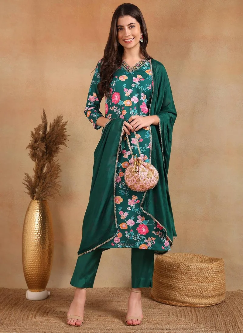 زيري سوق Green Polyester Floral Printed Straight 3-Piece Kurta Sets