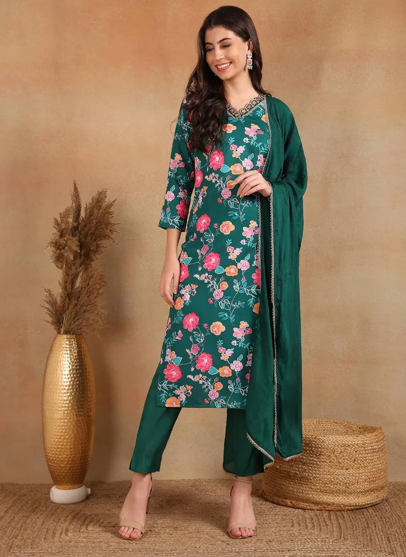 زيري سوق Green Polyester Floral Printed Straight 3-Piece Kurta Sets