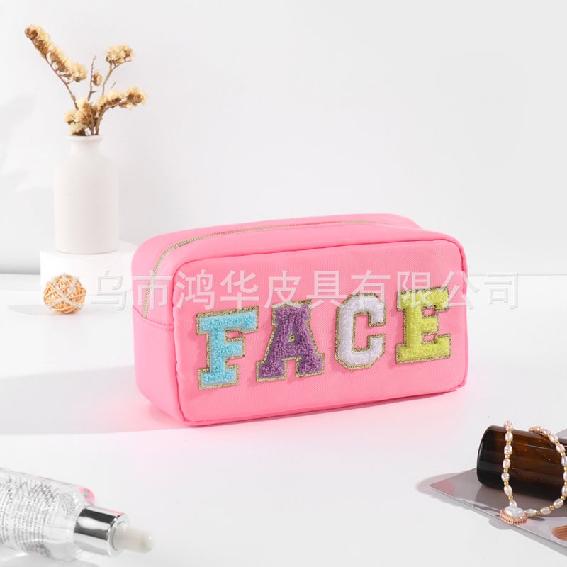 Fashion Solid Color Towel Embroidered Nylon Makeup Bag for Women pink (FACE)
