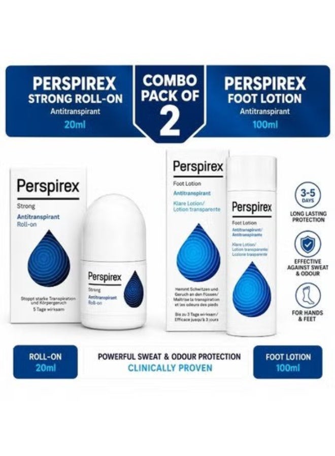 Perspirex Combo Set, Hand & Foot Antiperspirant Lotion 100ml + Strong Roll-On Deodorant 20ml, Sweat & Odor Protection for Hands, Feet & Underarms