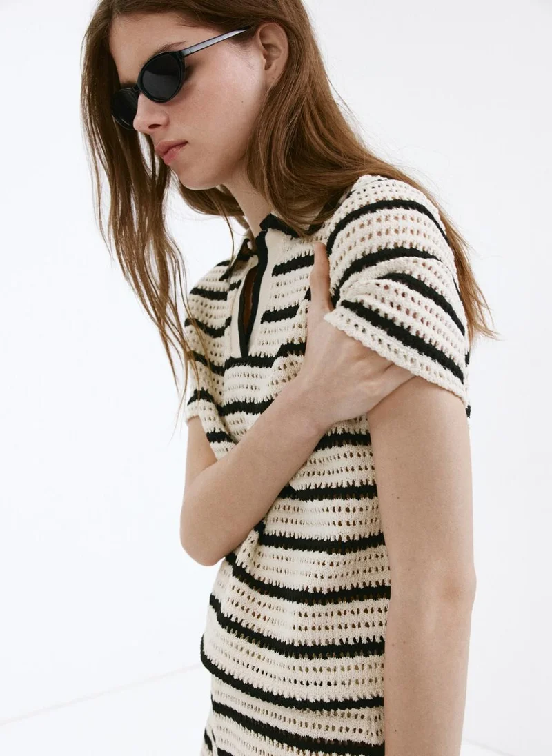 Mango Striped Crochet Polo