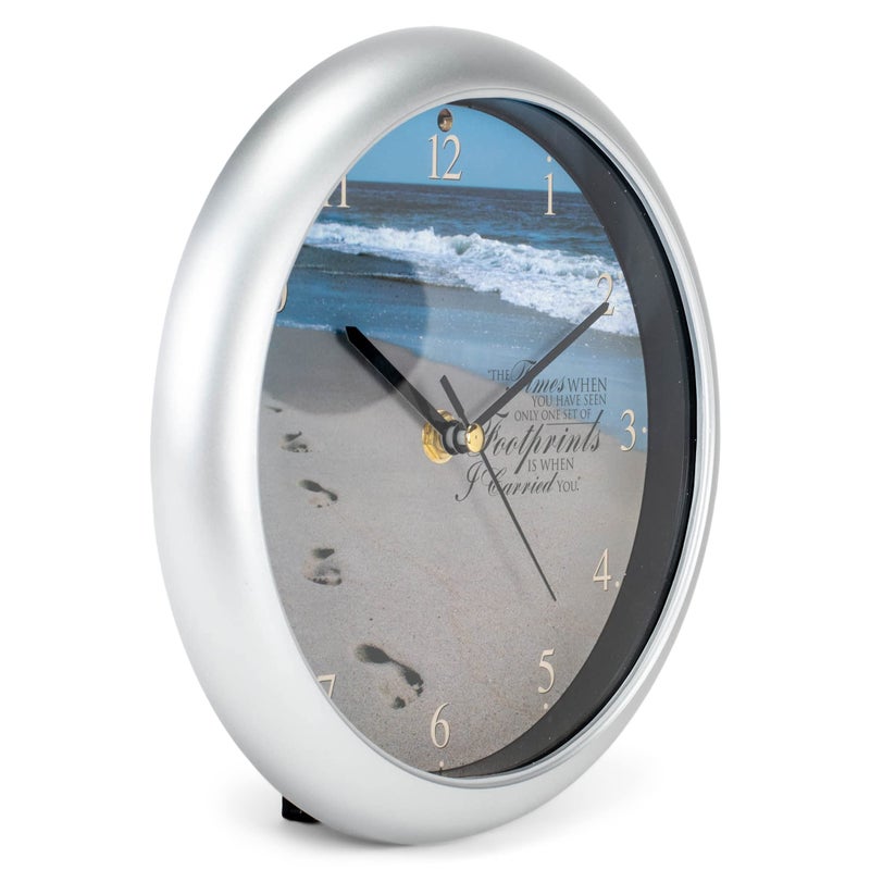 Mark Feldstein & Associates Footprints in The Sand Inspirational Silver Tone 8 inch Three Hymn Sound Clock - Image 2
