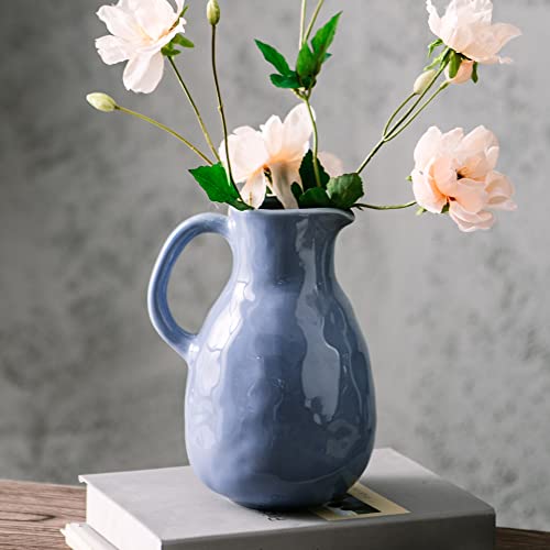 Kimdio Blue Ceramic Vase with Handle, Modern Pitcher Vases for Home Decor, Pottery Decorative Flower Vase, Clay Vases, Centerpieces for Living Room - Image 5