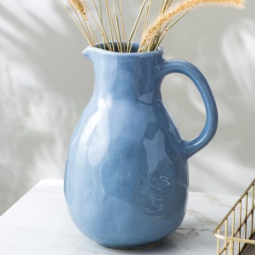 Kimdio Blue Ceramic Vase with Handle, Modern Pitcher Vases for Home Decor, Pottery Decorative Flower Vase, Clay Vases, Centerpieces for Living Room - Image 2