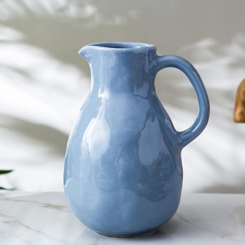 Kimdio Blue Ceramic Vase with Handle, Modern Pitcher Vases for Home Decor, Pottery Decorative Flower Vase, Clay Vases, Centerpieces for Living Room - Image 1