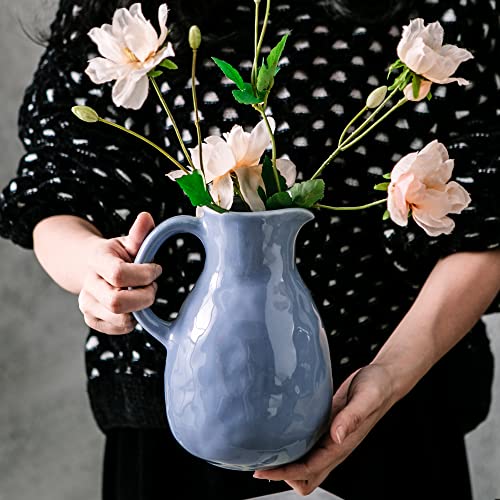 Kimdio Blue Ceramic Vase with Handle, Modern Pitcher Vases for Home Decor, Pottery Decorative Flower Vase, Clay Vases, Centerpieces for Living Room - Image 3