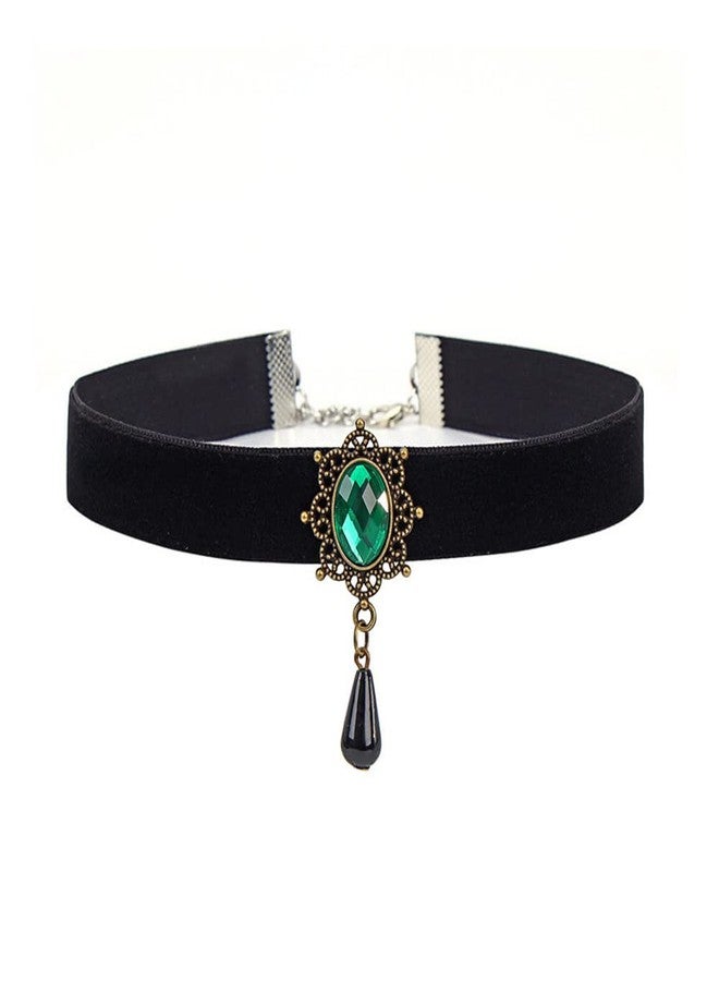 Dtja Vintage Black Velvet Choker Necklace for Women Gothic Victorian Crystal Charms Adjustable Chain Necklaces Retro Boho Dress Accessories Punk 80s 90s Christmas Halloween Cosplay Party Jewelry (Green CZ) - Image 1