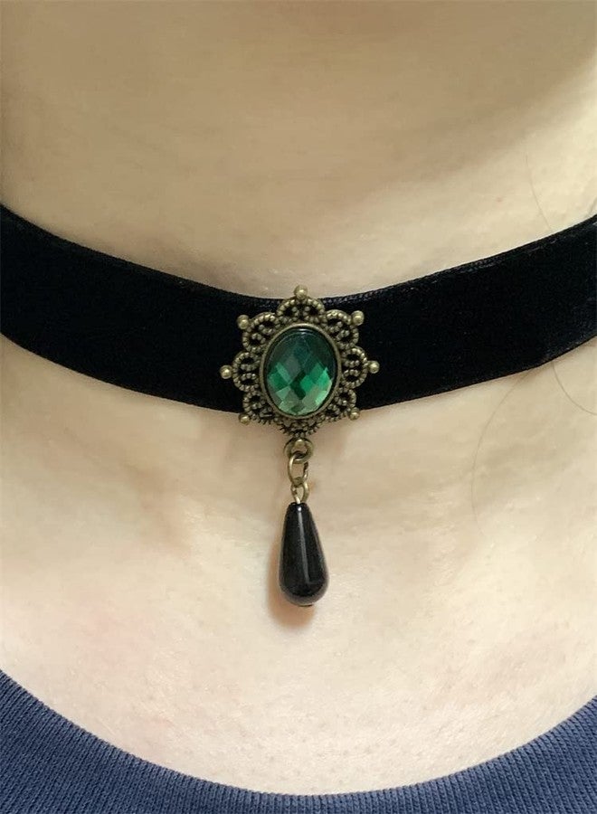 Dtja Vintage Black Velvet Choker Necklace for Women Gothic Victorian Crystal Charms Adjustable Chain Necklaces Retro Boho Dress Accessories Punk 80s 90s Christmas Halloween Cosplay Party Jewelry (Green CZ) - Image 3