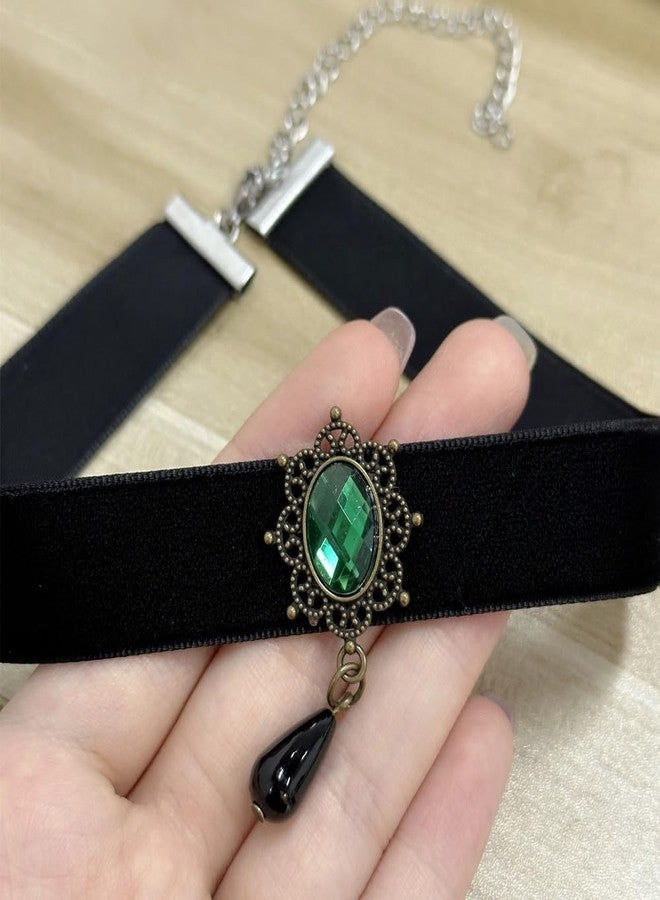 Dtja Vintage Black Velvet Choker Necklace for Women Gothic Victorian Crystal Charms Adjustable Chain Necklaces Retro Boho Dress Accessories Punk 80s 90s Christmas Halloween Cosplay Party Jewelry (Green CZ) - Image 4