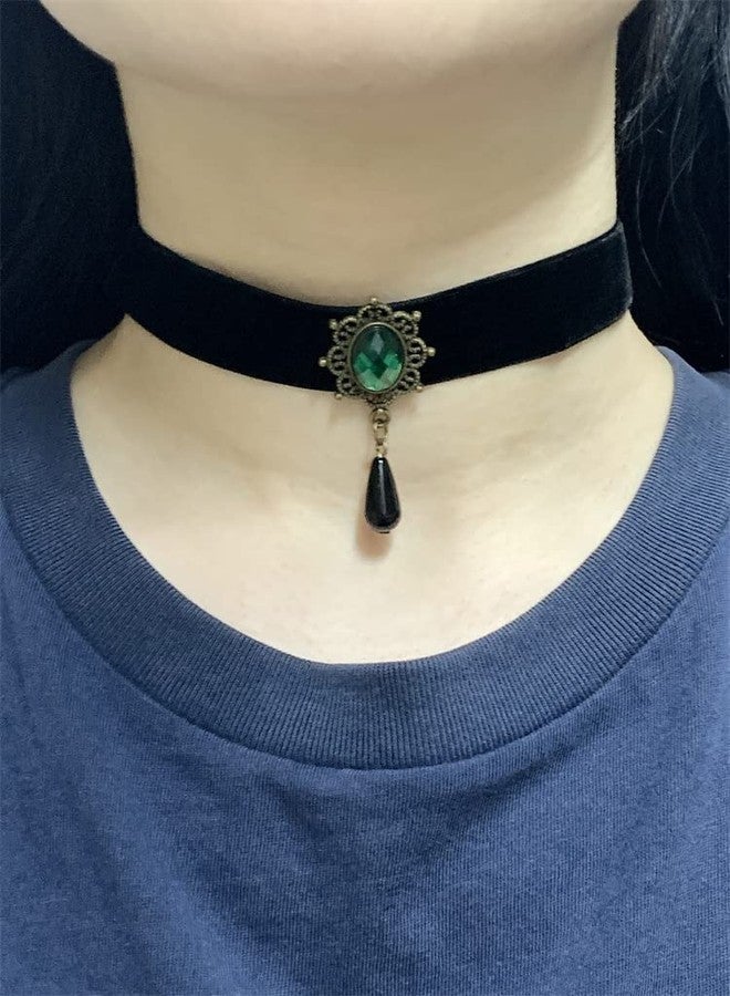 Dtja Vintage Black Velvet Choker Necklace for Women Gothic Victorian Crystal Charms Adjustable Chain Necklaces Retro Boho Dress Accessories Punk 80s 90s Christmas Halloween Cosplay Party Jewelry (Green CZ) - Image 2