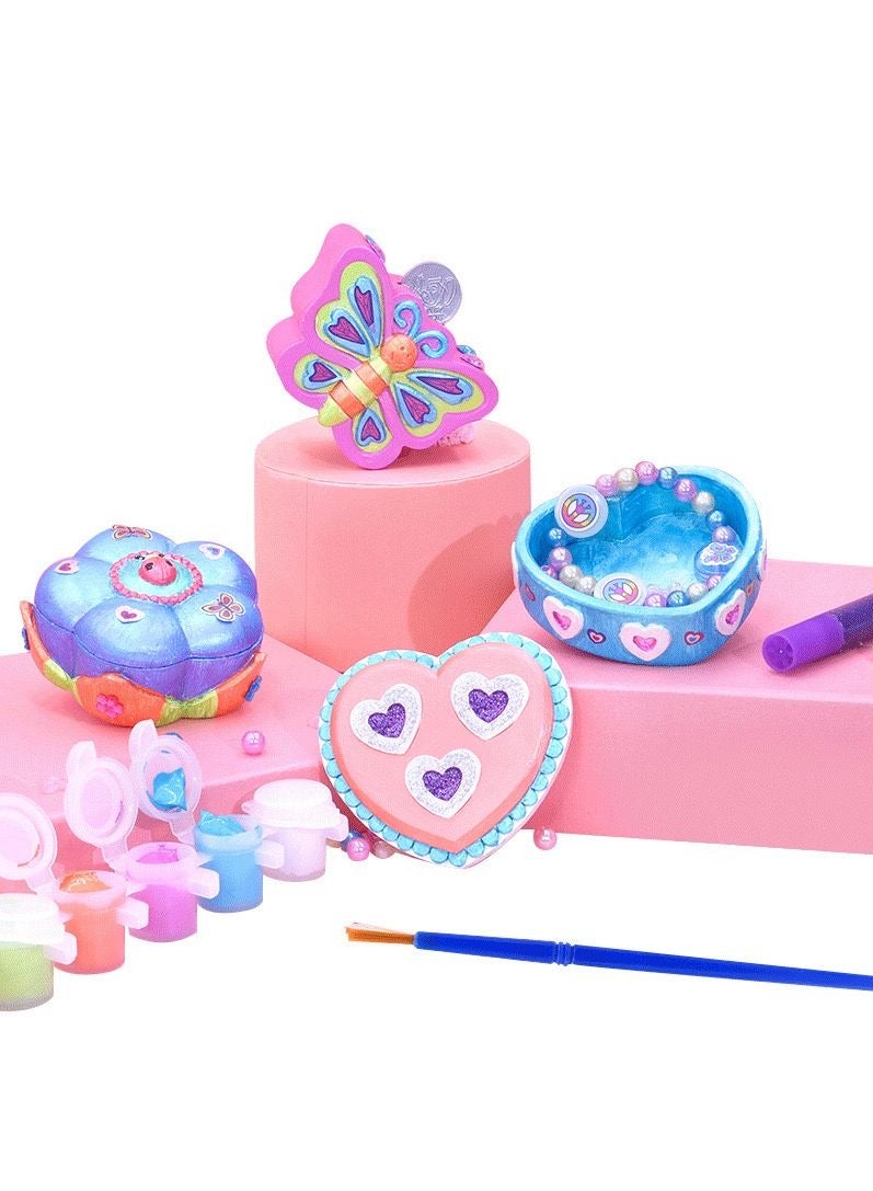 المنزل الذكي مجموعة أدوات صناعة صندوق المجوهرات الذكي للبنات، قم بتلوين صندوق المجوهرات الخاص بك مع 3 صناديق مجوهرات، صبغة ملونة، ملصقات، بريق، فرشاة طلاء ومئزر هدية لأحبائك - Image 1