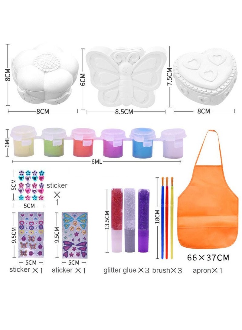 المنزل الذكي مجموعة أدوات صناعة صندوق المجوهرات الذكي للبنات، قم بتلوين صندوق المجوهرات الخاص بك مع 3 صناديق مجوهرات، صبغة ملونة، ملصقات، بريق، فرشاة طلاء ومئزر هدية لأحبائك - Image 2