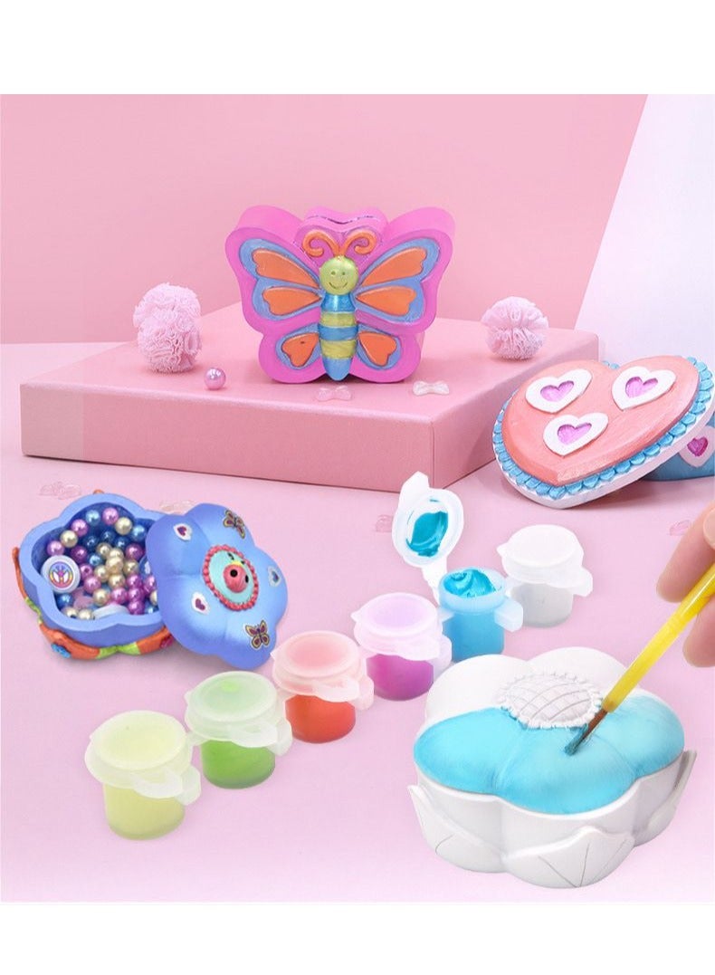 المنزل الذكي مجموعة أدوات صناعة صندوق المجوهرات الذكي للبنات، قم بتلوين صندوق المجوهرات الخاص بك مع 3 صناديق مجوهرات، صبغة ملونة، ملصقات، بريق، فرشاة طلاء ومئزر هدية لأحبائك - Image 5