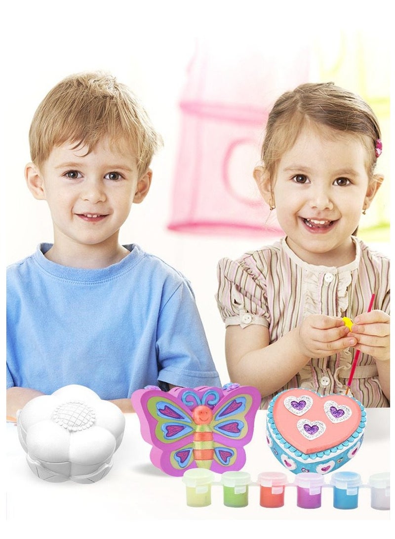 المنزل الذكي مجموعة أدوات صناعة صندوق المجوهرات الذكي للبنات، قم بتلوين صندوق المجوهرات الخاص بك مع 3 صناديق مجوهرات، صبغة ملونة، ملصقات، بريق، فرشاة طلاء ومئزر هدية لأحبائك - Image 3