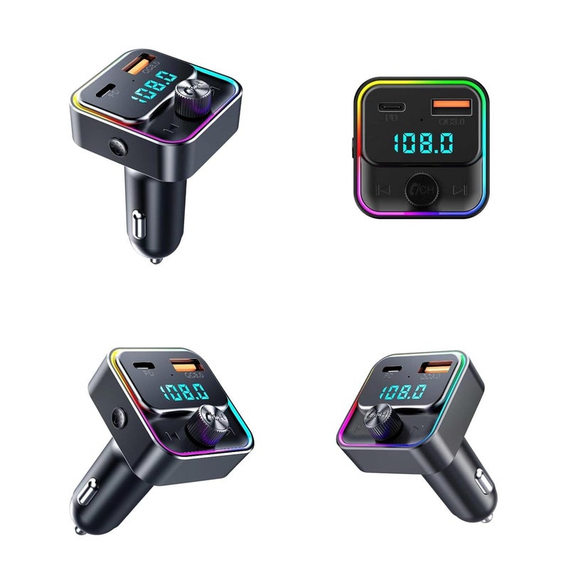 VeeDee T60 Bluetooth 5.3 FM Transmitter Car Adapter 48W (PD 30W & 18W), 2 LED Light Modes, USB Port, Light Switch, Wireless FM Radio Transmitter, Supports MP3 Player, Handsfree Calling - Image 2