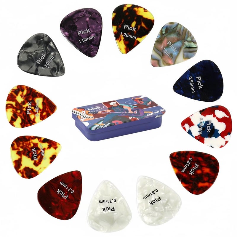 HASTHIP طقم 12 قطعة من ريش الجيتار مع علبة معدنية - ريش سيلولويد متعددة السماكة للجيتار الصوتي والكهربائي (0.46-1.5 مم) - ملحقات احترافية ومبتدئين (0.46/0.71/0.81/0.96/1.2/1.5 مم) - Image 1