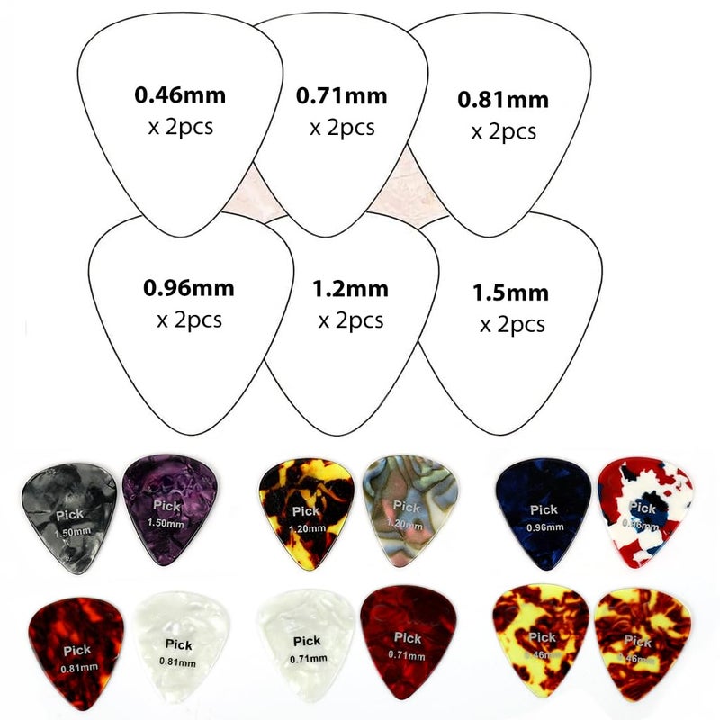 HASTHIP طقم 12 قطعة من ريش الجيتار مع علبة معدنية - ريش سيلولويد متعددة السماكة للجيتار الصوتي والكهربائي (0.46-1.5 مم) - ملحقات احترافية ومبتدئين (0.46/0.71/0.81/0.96/1.2/1.5 مم) - Image 2