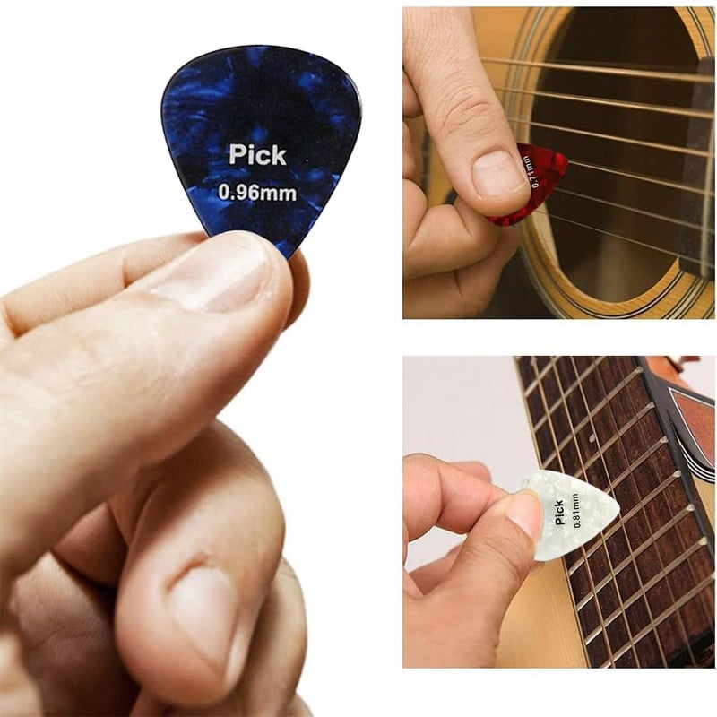 HASTHIP طقم 12 قطعة من ريش الجيتار مع علبة معدنية - ريش سيلولويد متعددة السماكة للجيتار الصوتي والكهربائي (0.46-1.5 مم) - ملحقات احترافية ومبتدئين (0.46/0.71/0.81/0.96/1.2/1.5 مم) - Image 4