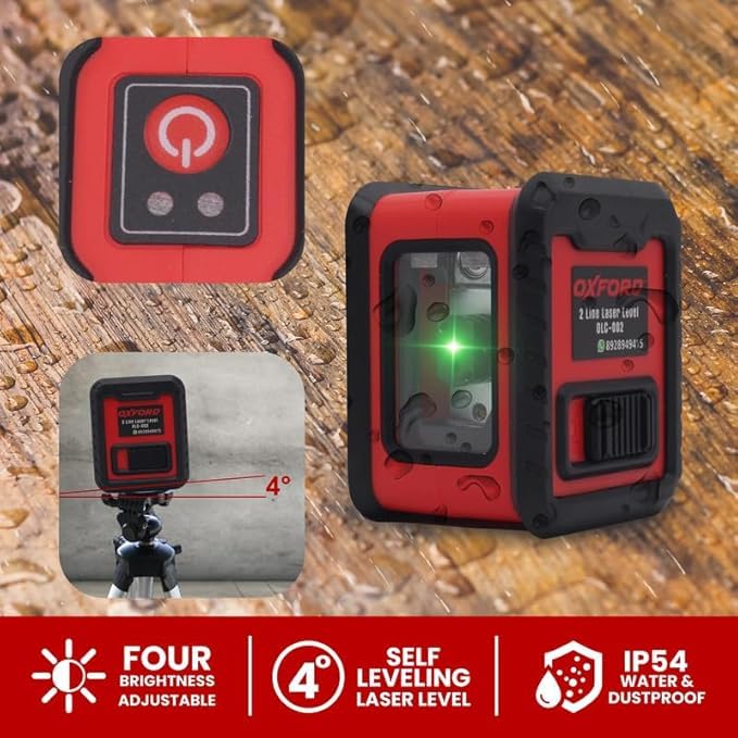 Tomahawk مستوى الليزر الأخضر OXFORD® OLL 002 ذو خطين، مقاوم للغبار والصدمات IP54، مدى 98 قدم، دقة ±2 مم، حامل مغناطيسي متعدد الاستخدامات، يعمل ببطاريات AAA 3، مستوى خطين متقاطعين من أكسفورد، | دقة ±2 مم/5 م - Image 3
