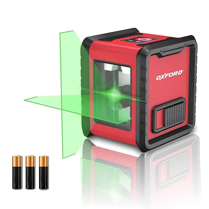 Tomahawk مستوى الليزر الأخضر OXFORD® OLL 002 ذو خطين، مقاوم للغبار والصدمات IP54، مدى 98 قدم، دقة ±2 مم، حامل مغناطيسي متعدد الاستخدامات، يعمل ببطاريات AAA 3، مستوى خطين متقاطعين من أكسفورد، | دقة ±2 مم/5 م - Image 1
