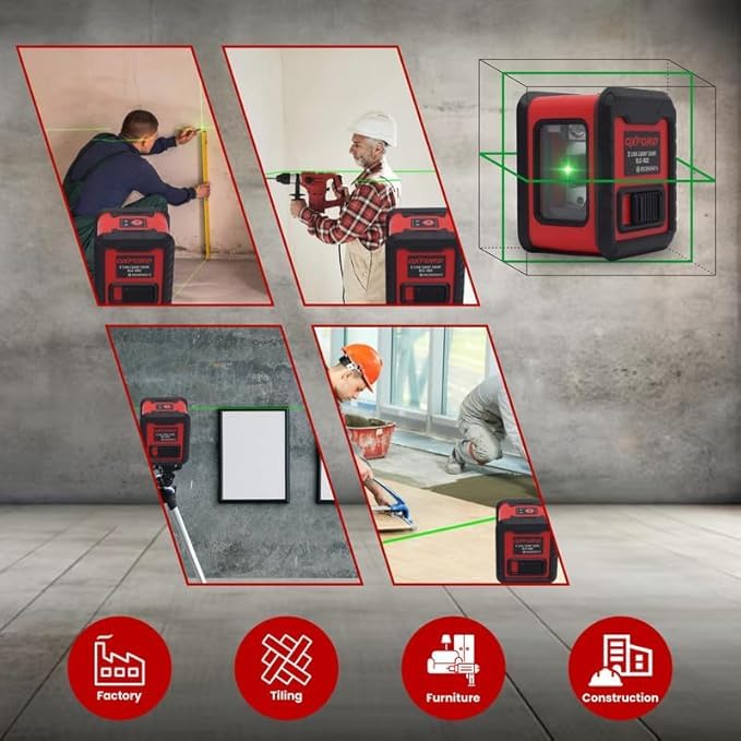 Tomahawk مستوى الليزر الأخضر OXFORD® OLL 002 ذو خطين، مقاوم للغبار والصدمات IP54، مدى 98 قدم، دقة ±2 مم، حامل مغناطيسي متعدد الاستخدامات، يعمل ببطاريات AAA 3، مستوى خطين متقاطعين من أكسفورد، | دقة ±2 مم/5 م - Image 4