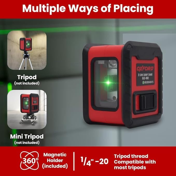 Tomahawk مستوى الليزر الأخضر OXFORD® OLL 002 ذو خطين، مقاوم للغبار والصدمات IP54، مدى 98 قدم، دقة ±2 مم، حامل مغناطيسي متعدد الاستخدامات، يعمل ببطاريات AAA 3، مستوى خطين متقاطعين من أكسفورد، | دقة ±2 مم/5 م - Image 2